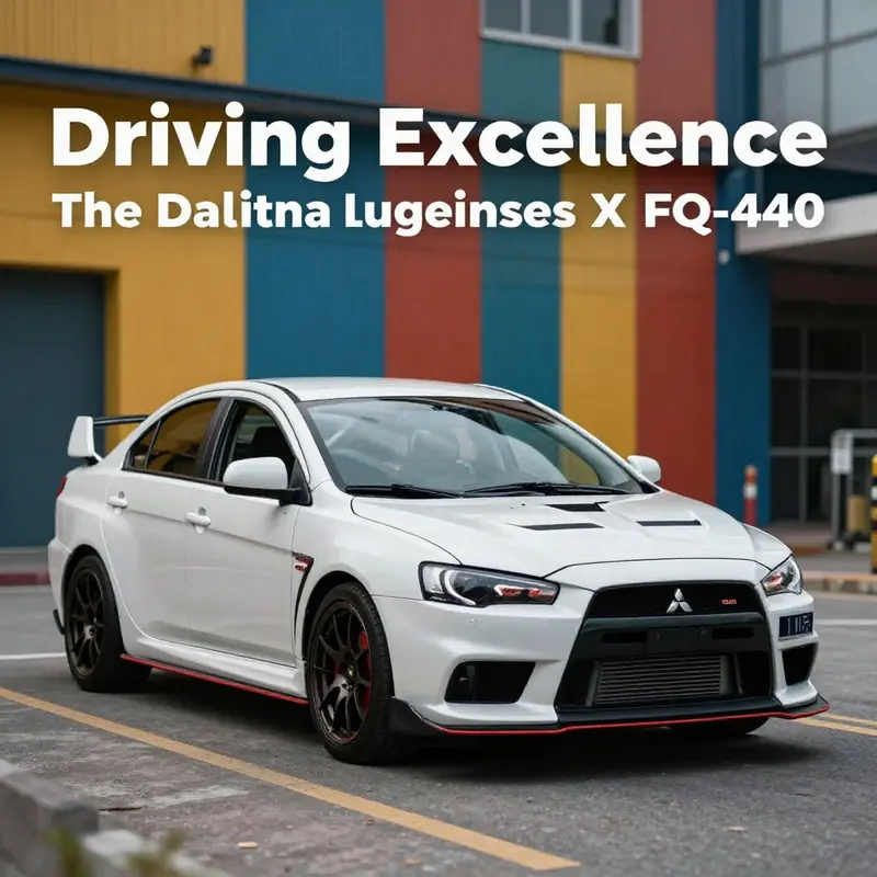 The Mitsubishi Lancer Evolution X FQ-440 MR positioned elegantly in a vibrant city environment, emphasizing its design and engineering achievements.