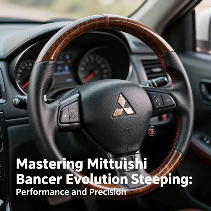 The original equipment steering wheel of the Mitsubishi Lancer Evolution, emphasizing its sporty design and functionality.