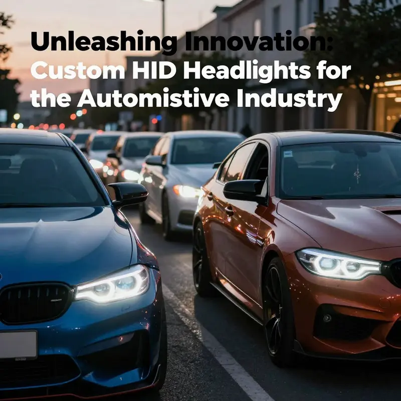 Multiple vehicles showcasing custom HID headlights illuminated in a city at night.