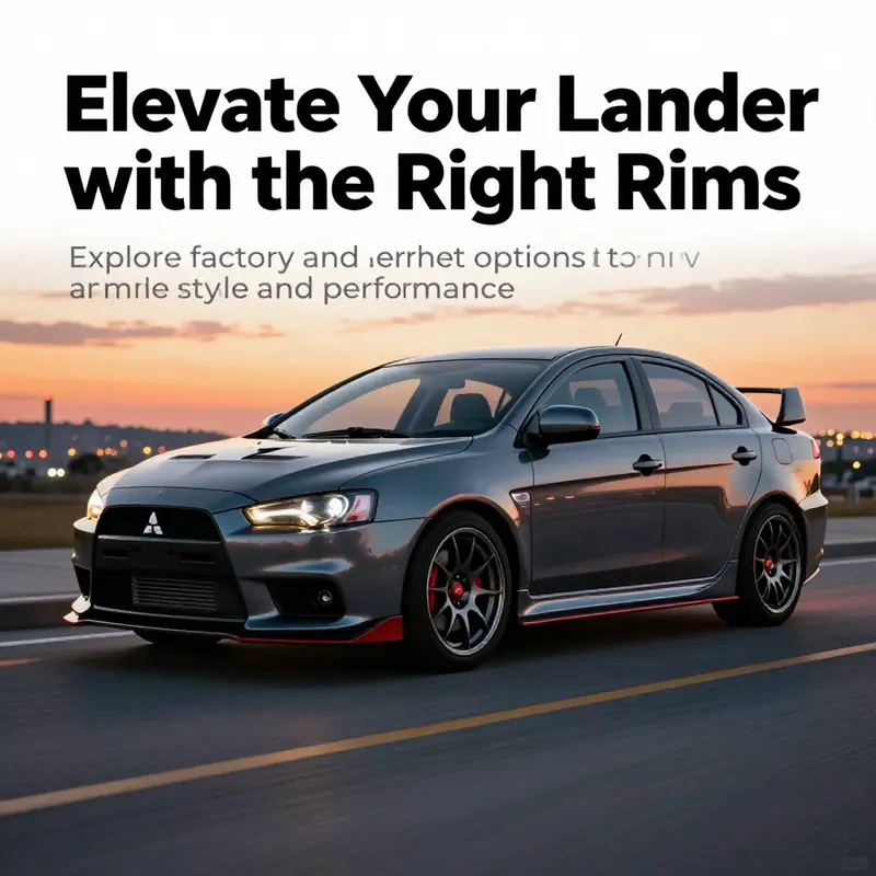 A customized Mitsubishi Lancer with stylish alloy rims parked in a lively city backdrop.