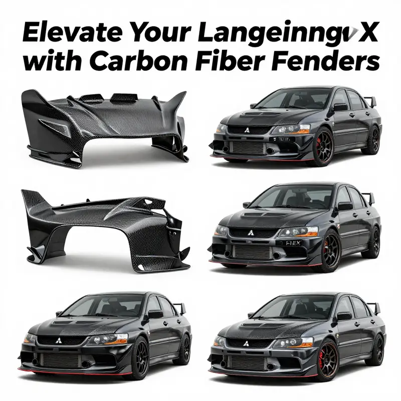 The Mitsubishi Evo X showcasing enhanced performance with carbon fiber fenders on a racetrack.
