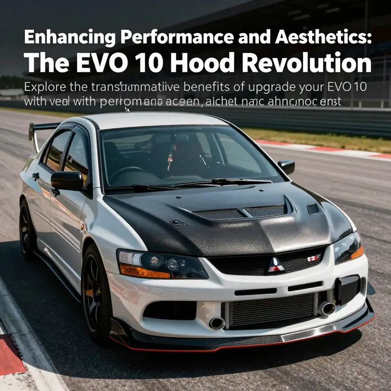 Mitsubishi EVO 10 racing on a track, showcasing a visually appealing carbon fiber hood.