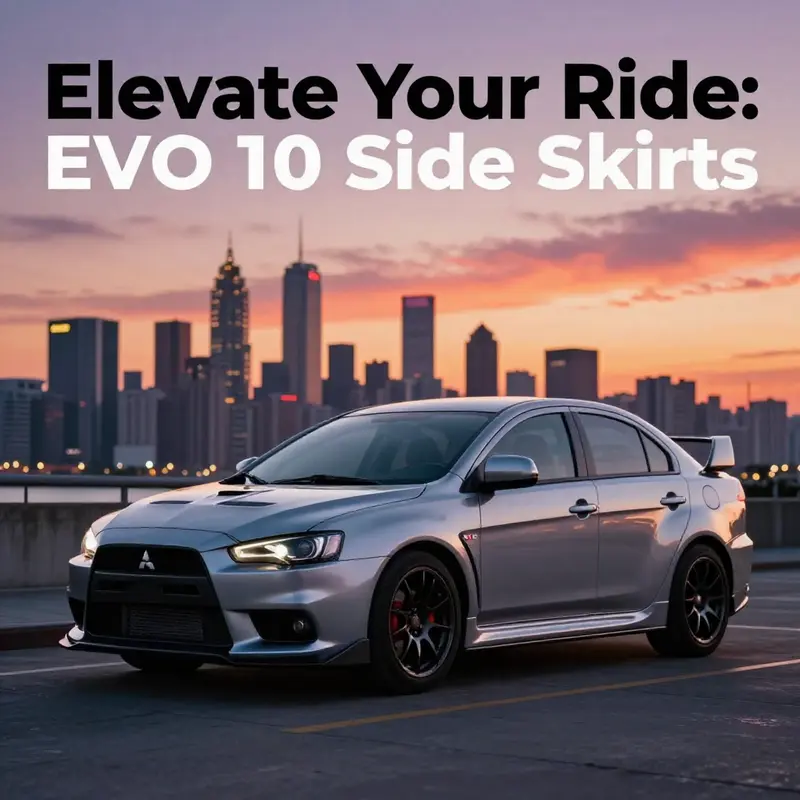 Mitsubishi EVO 10 with side skirts in front of an urban skyline at sunset.