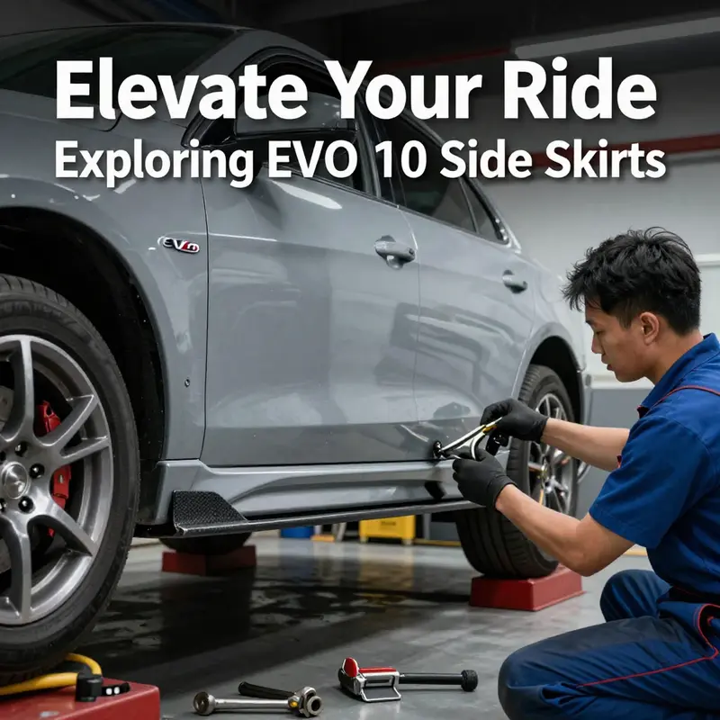 Displays the diverse materials available for EVO 10 side skirts, highlighting carbon fiber and fiberglass options.