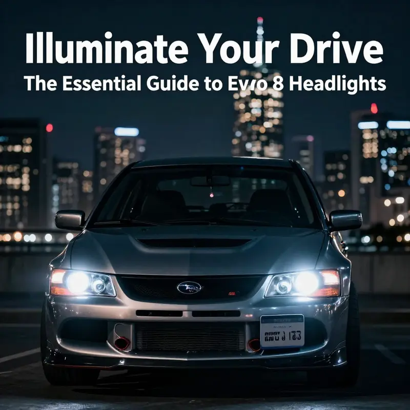 Evo 8 car illuminated at night showcasing bright headlights against a city background.