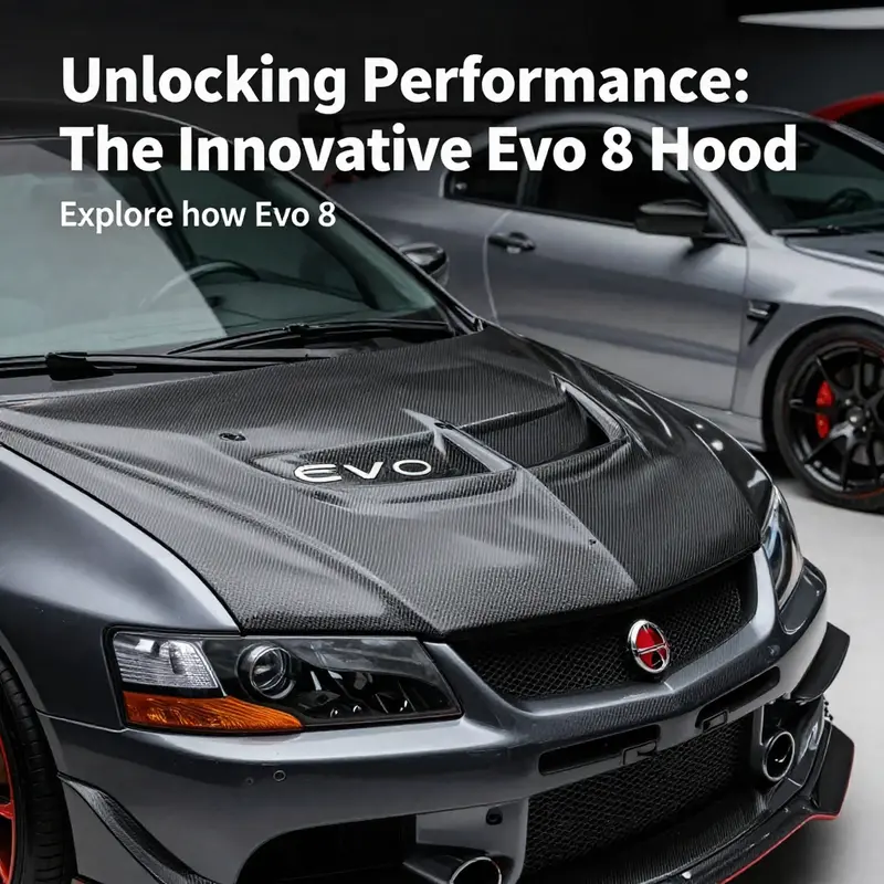 Image featuring the Evo 8 hood prominently displayed with high-performance vehicles, capturing attention.