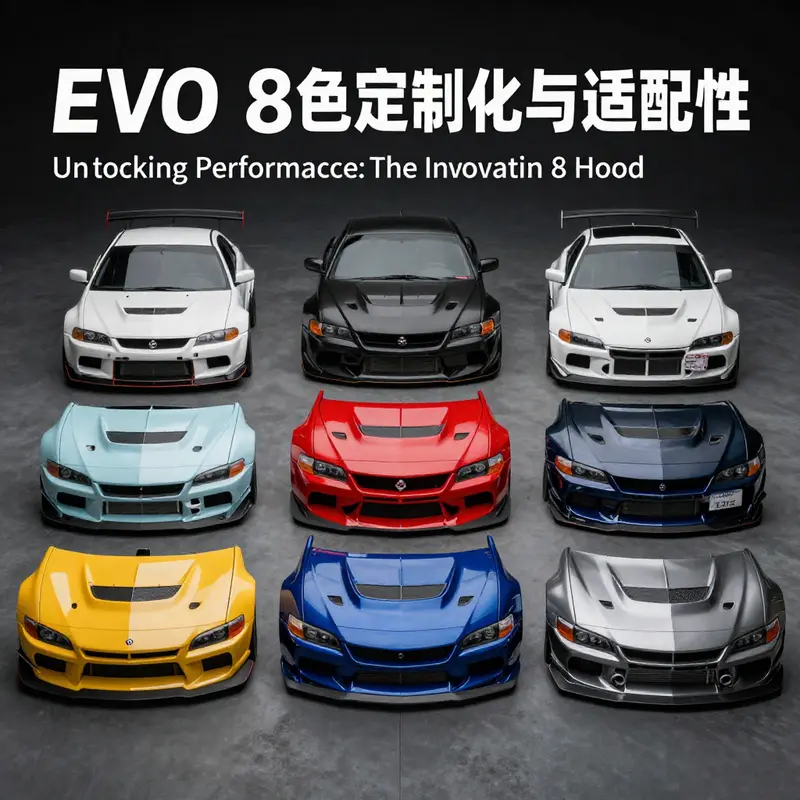 The carbon fiber structure of the Evo 8 hood, emphasizing weight reduction and performance features.