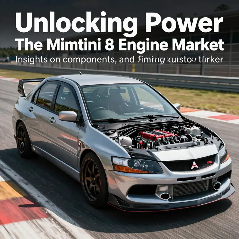 Mitsubishi Evo 8 on a race track with a focus on its engine components, highlighting its racing pedigree.