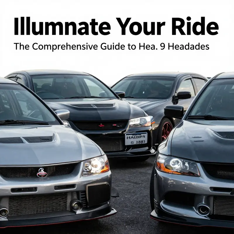 Collection of Mitsubishi Lancer Evolution IX cars with different aftermarket headlights illustrating aesthetic variety.