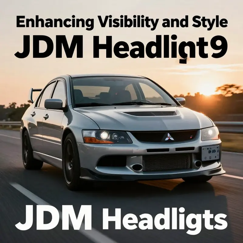 Mitsubishi Evo 9 driving on a scenic road during sunset, emphasizing the appeal of its JDM headlights.