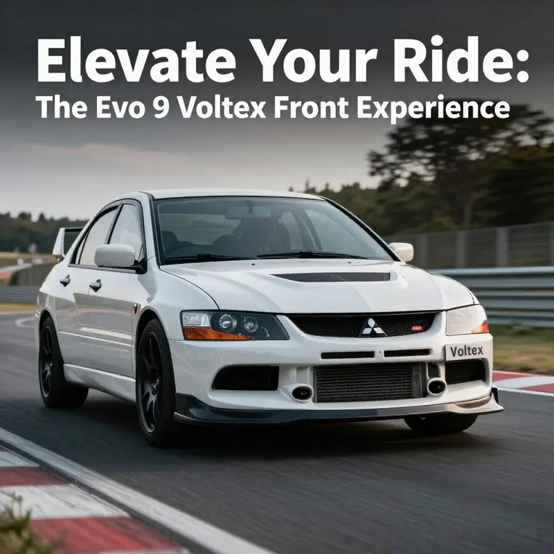 A Mitsubishi Evo 9 on a racetrack showcasing the Voltex front bumper, symbolizing speed and style.
