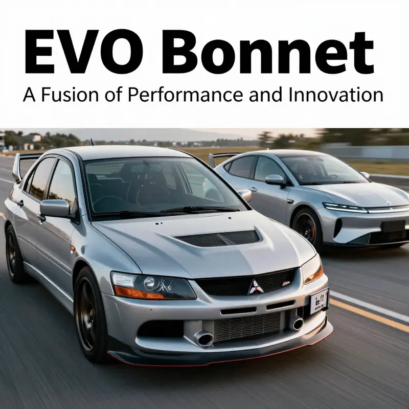A photographic representation of EVO bonnets in both performance cars and electric vehicles.