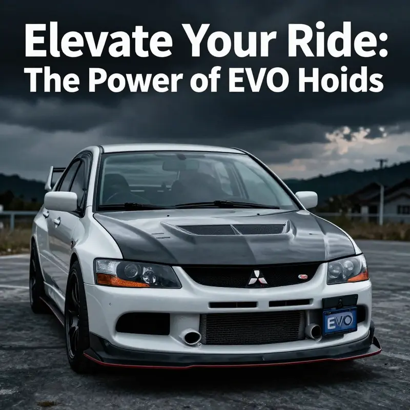 High-performance Mitsubishi Evolution car showcasing its aerodynamic EVO hood in a dramatic environment.