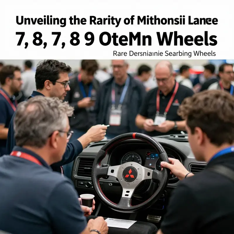 Close-up of a rare OEM steering wheel from the Mitsubishi Lancer Evo 9, highlighting its unique design and materials.