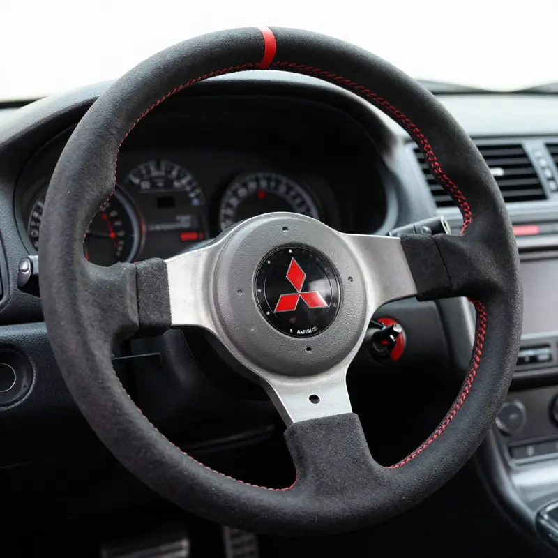 Close-up of a rare OEM steering wheel from the Mitsubishi Lancer Evo 9, highlighting its unique design and materials.