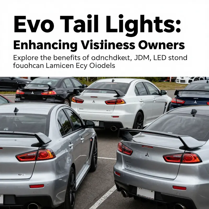 Collection of Mitsubishi Lancer Evolution X vehicles, each equipped with different styles of Evo tail lights, demonstrating customization options for enthusiasts.