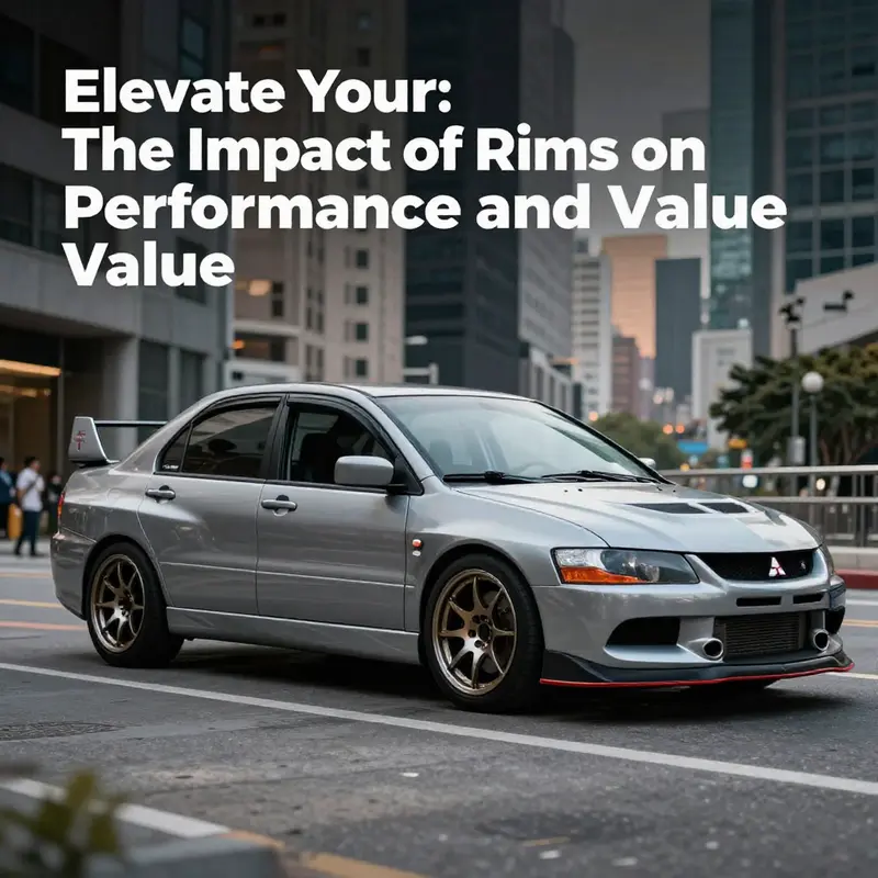 Mitsubishi Evo with stylish aftermarket rims parked in a city setting, embodying performance and visual appeal.