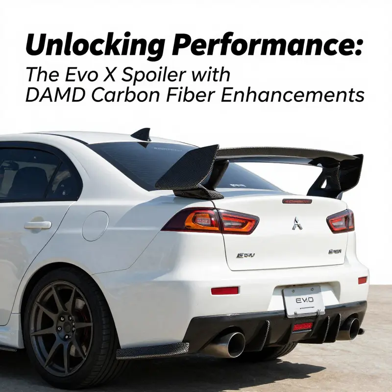 A close-up of the Evo X’s aerodynamic enhancements showcasing the DAMD carbon fiber gurney flap.