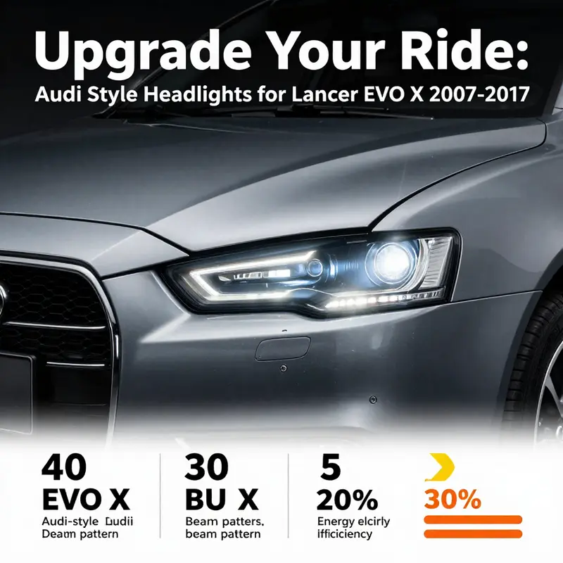 A variety of Audi-style headlights for Lancer EVO X, showcasing innovative designs and technology.