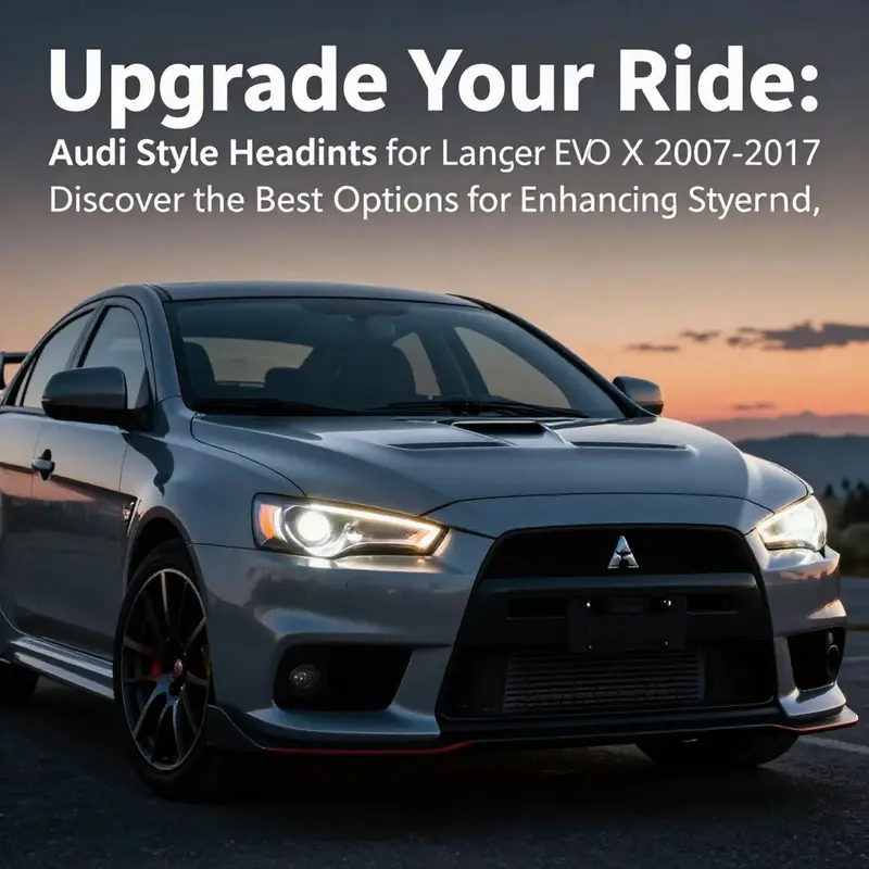 Mitsubishi Lancer EVO X equipped with Audi-style headlights, emphasizing illuminated aesthetics at dusk.