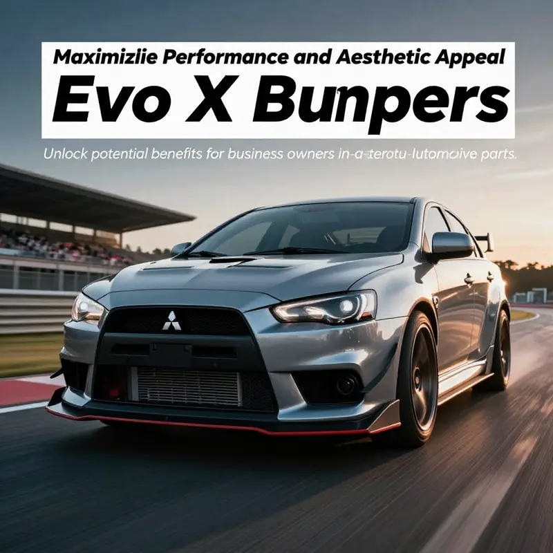Mitsubishi Lancer Evo X with a custom bumper on a racetrack, illustrating aftermarket enhancements.
