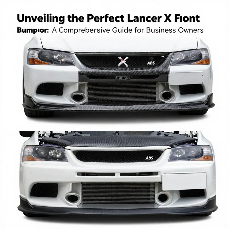 Different types of Lancer Evo X front bumpers showcasing their materials: ABS plastic, carbon fiber, and polyurethane.