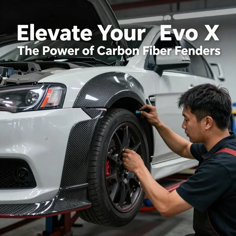 The lightweight construction and aesthetic appeal of carbon fiber fenders elevate the Evo X.