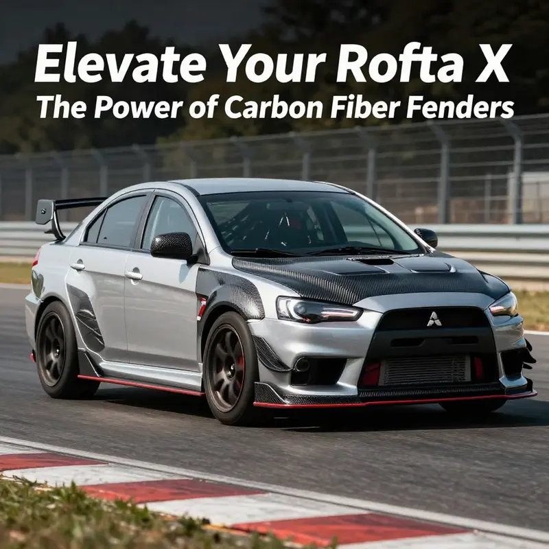 The lightweight construction and aesthetic appeal of carbon fiber fenders elevate the Evo X.