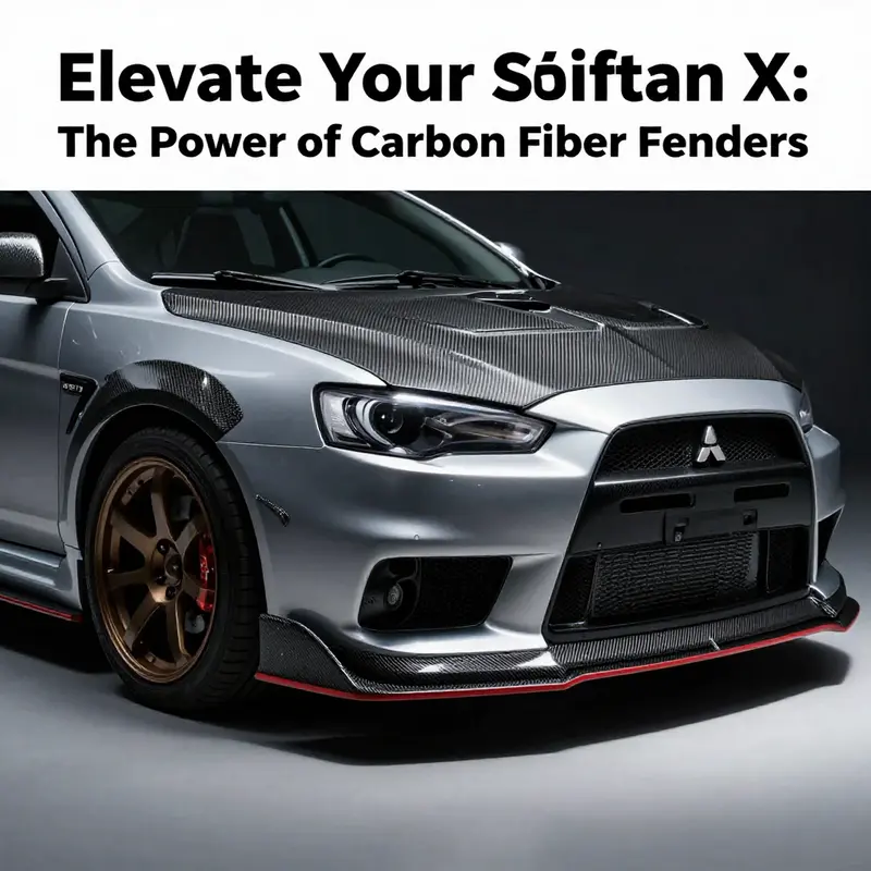 Mitsubishi Evo X under spotlight showcasing its carbon fiber fenders, symbolizing style and high performance.