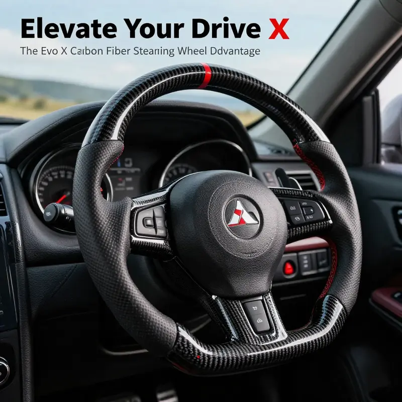 A Mitsubishi Evo X featuring a carbon fiber steering wheel, highlighted against a picturesque backdrop.