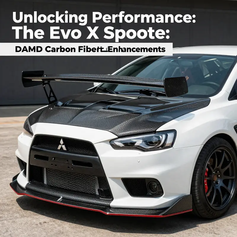 A Mitsubishi Evo X with outstanding performance modifications and a sleek carbon fiber look.