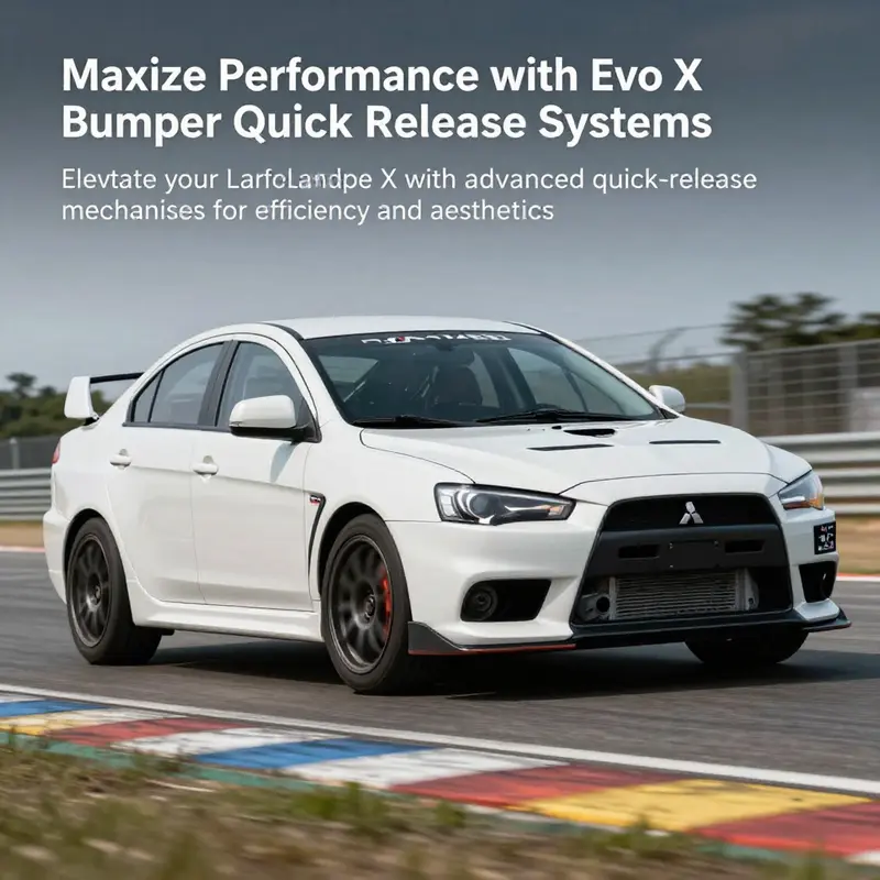 A Mitsubishi Lancer Evolution X showcasing its Evo X bumper quick release system on a racing track.