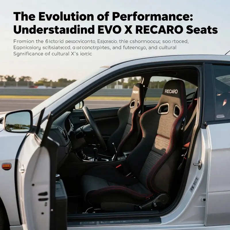 Mitsubishi EVO X racing on a track, highlighting the RECARO seats inside and the vehicle's dynamic design.