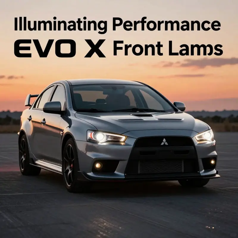 The Mitsubishi Lancer EVO X in a dynamic pose, with front lamps glowing, set against a beautiful sunset.
