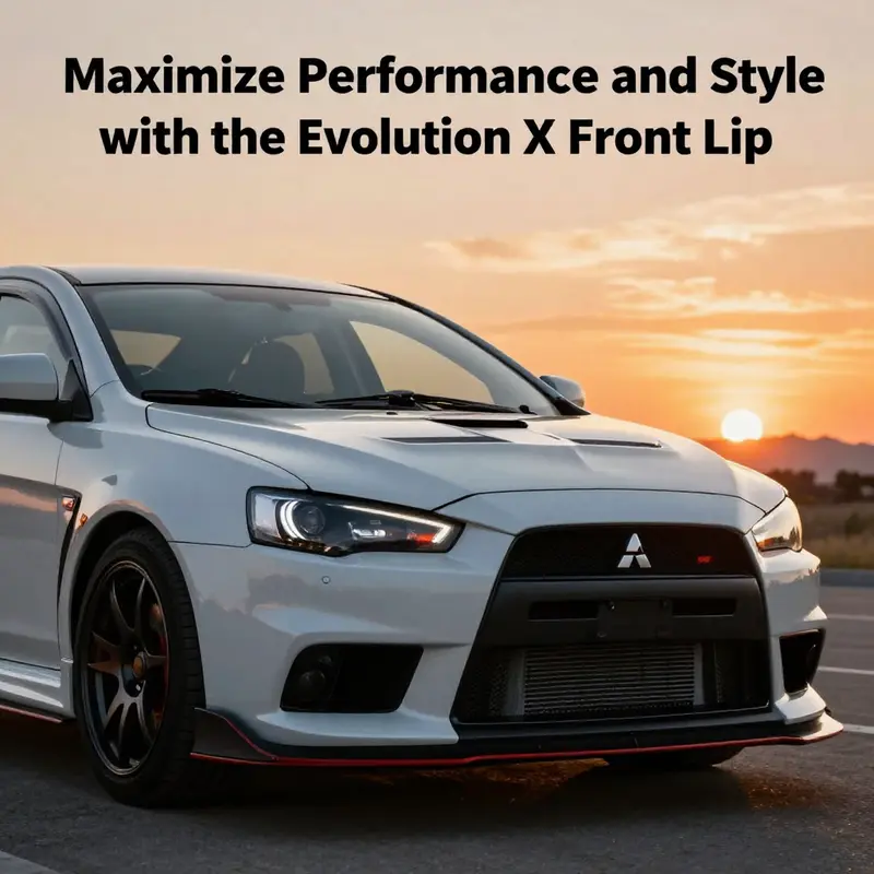 A stunning Mitsubishi Lancer Evolution X showcasing a front lip modification against a scenic sunset background.