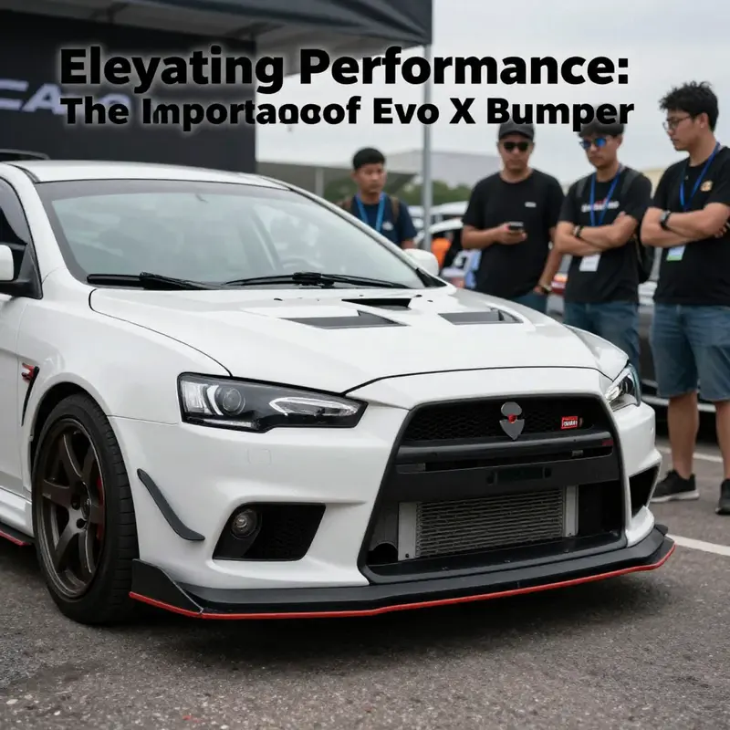 The front bumper of the Lancer Evo X, highlighting its aerodynamic design and functionality.
