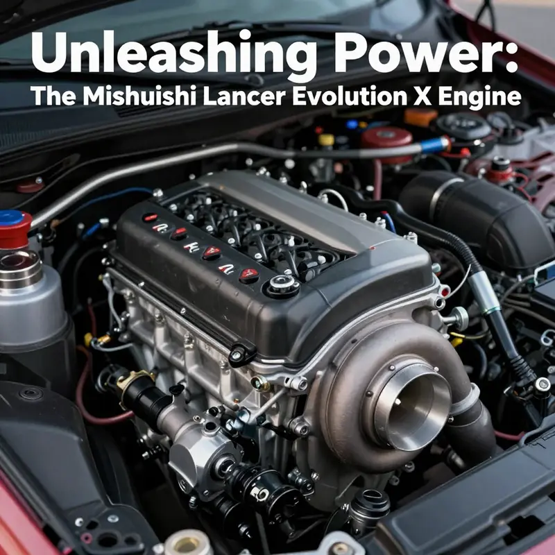 The high-performance 4B11T engine highlighting key features like the turbocharger and DOHC design.