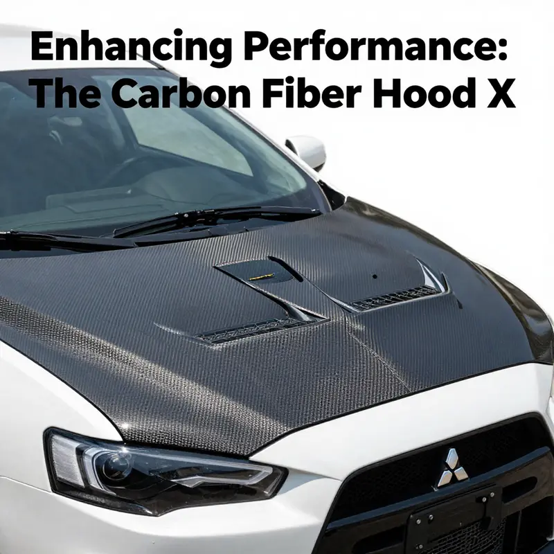 A frontal view of a Mitsubishi Lancer Evolution X showcasing the carbon fiber hood, set under dramatic lighting.