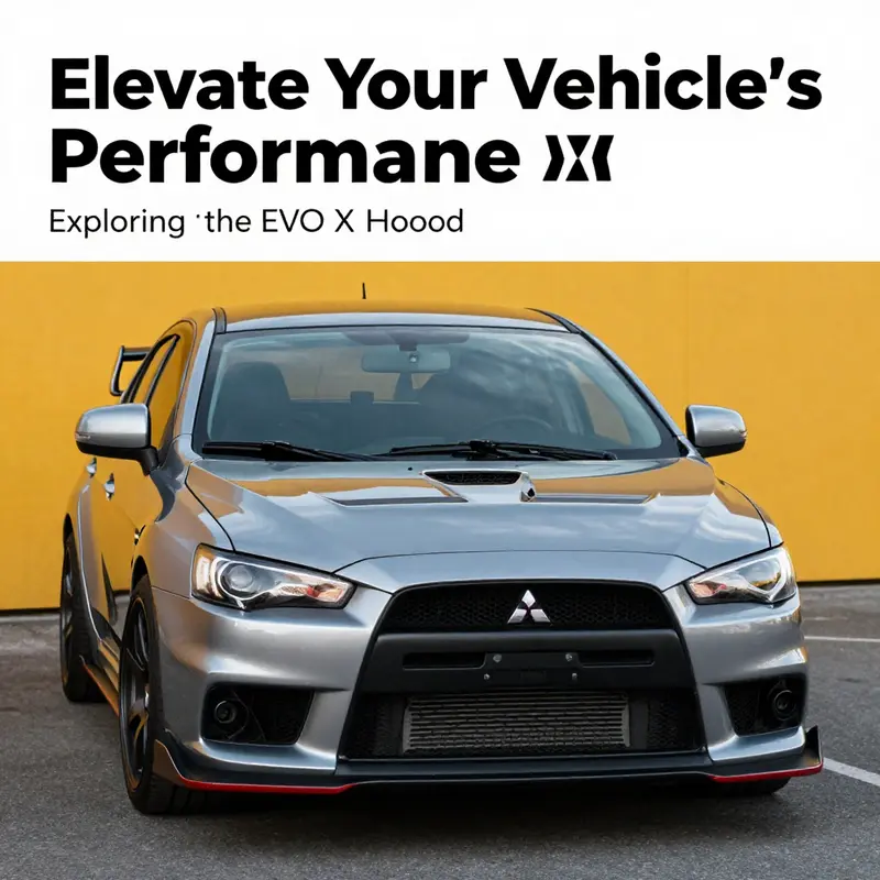 A Mitsubishi EVO X standing out with its custom hood in an appealing outdoor setting.