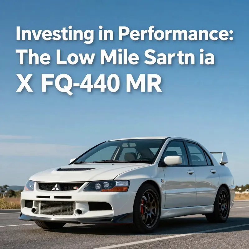 A low mile Mitsubishi Evo X FQ-440 MR against a bright blue sky and open road, symbolizing freedom and performance.