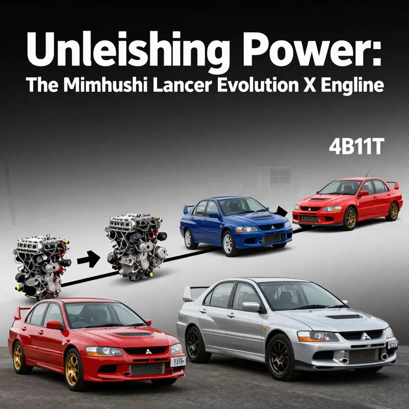 The high-performance 4B11T engine highlighting key features like the turbocharger and DOHC design.