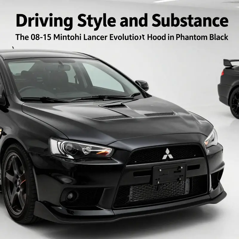 The Mitsubishi Lancer Evolution Evo X hood in Phantom Black, demonstrating its aesthetic appeal and craftsmanship.