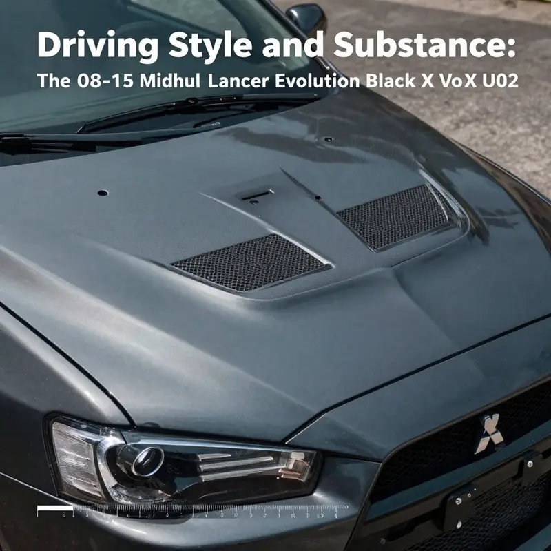 The Mitsubishi Lancer Evolution Evo X hood in Phantom Black, demonstrating its aesthetic appeal and craftsmanship.