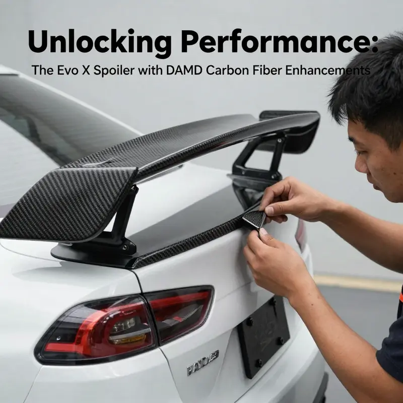 A close-up of the Evo X’s aerodynamic enhancements showcasing the DAMD carbon fiber gurney flap.