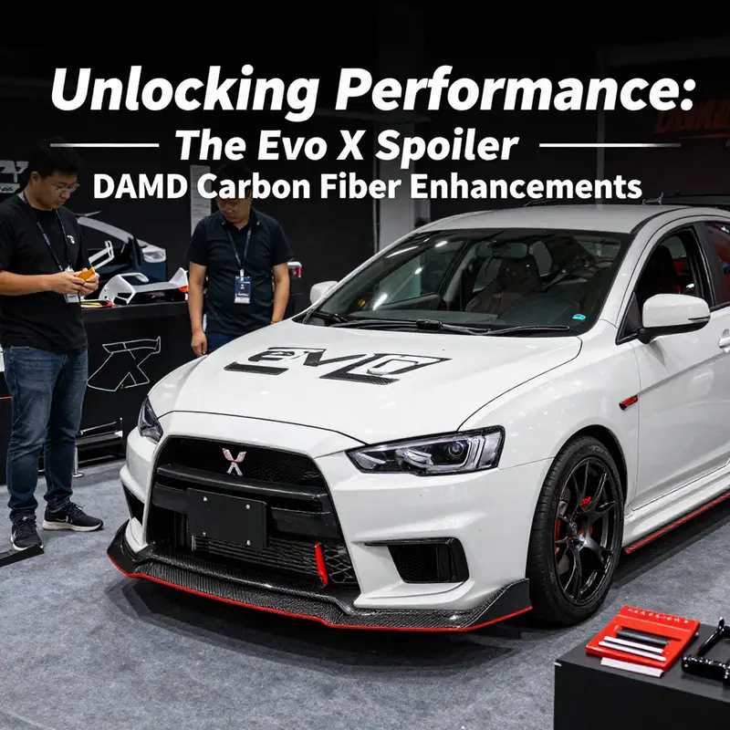 A close-up of the Evo X’s aerodynamic enhancements showcasing the DAMD carbon fiber gurney flap.