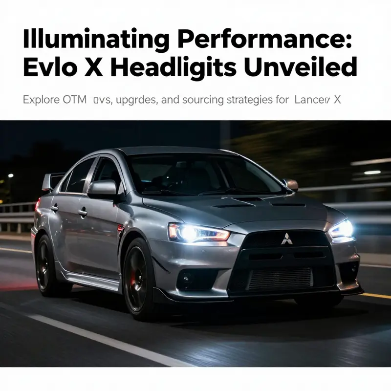 A Mitsubishi Lancer Evolution X driving at night with its headlights shining bright, demonstrating performance and style.