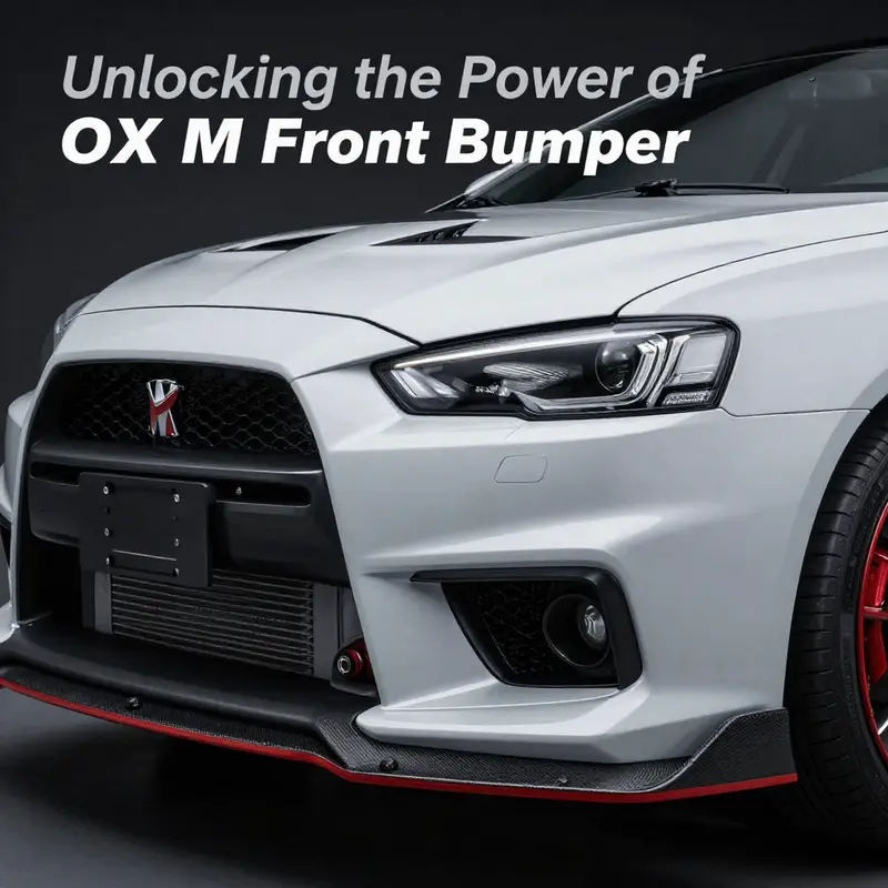 Close-up view of the Evo X OEM front bumper showcasing its design intricacies and functional features.