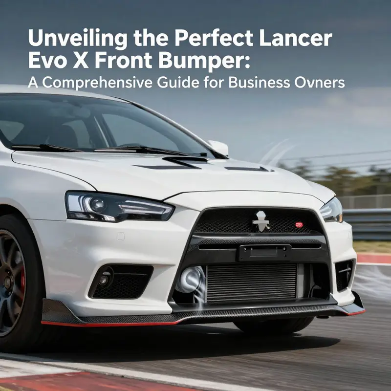 Different types of Lancer Evo X front bumpers showcasing their materials: ABS plastic, carbon fiber, and polyurethane.