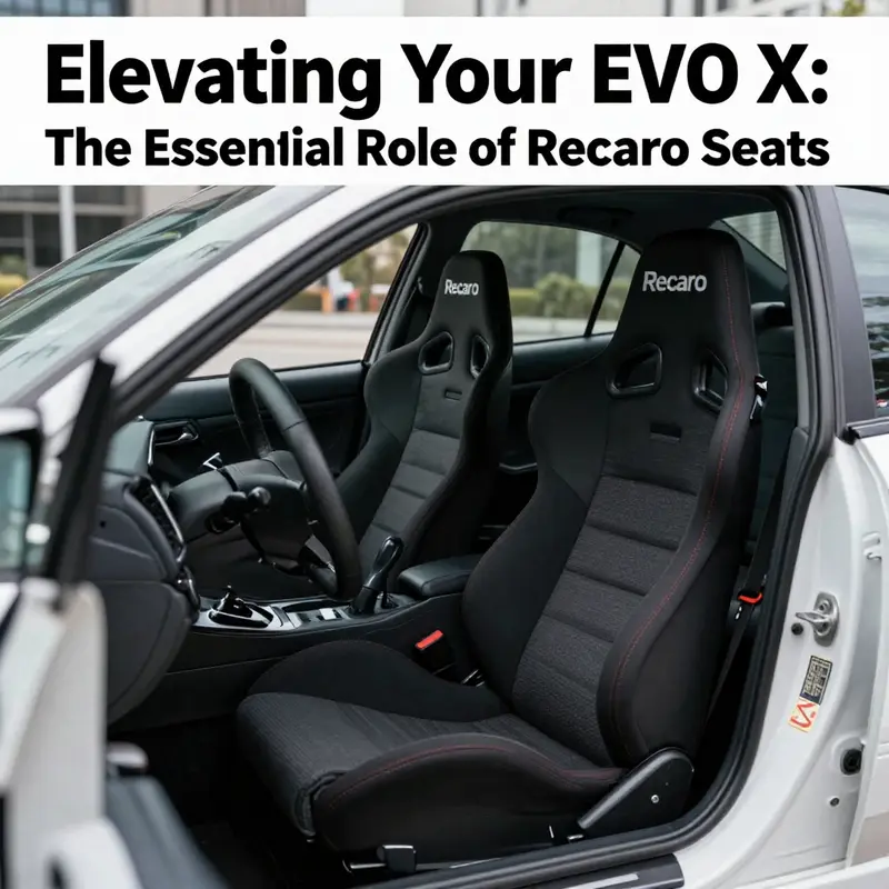 Mitsubishi EVO X showcasing Recaro seats in an urban setting, emphasizing its sporty and luxurious appeal.