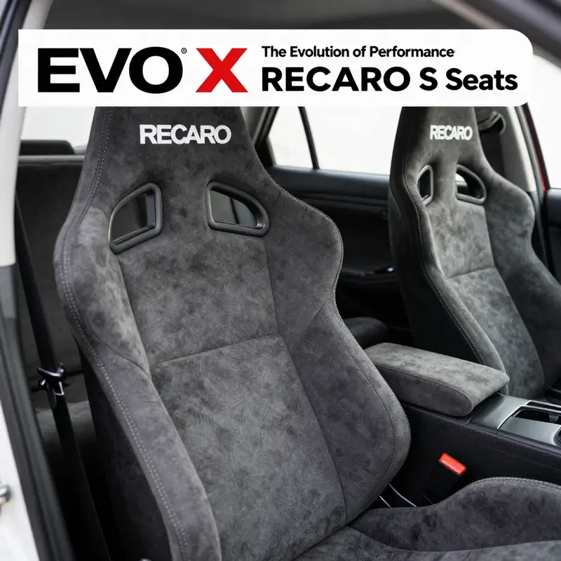 Close-up of the EVO X factory RECARO seats featuring a sleek bucket design.